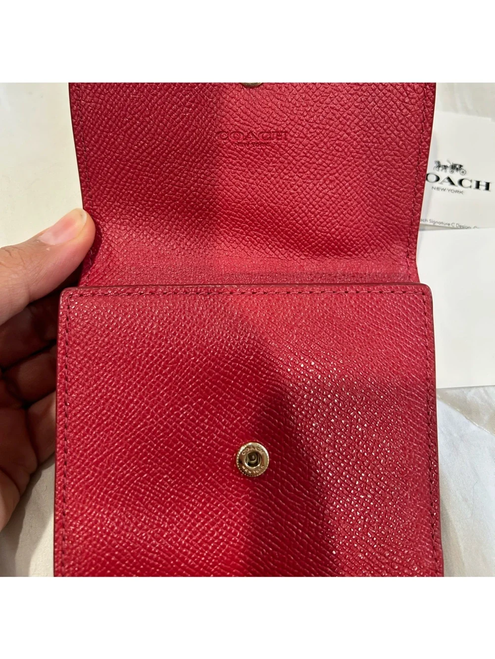 Coach Red Textured Leather Fold Wallet with Gold Logo